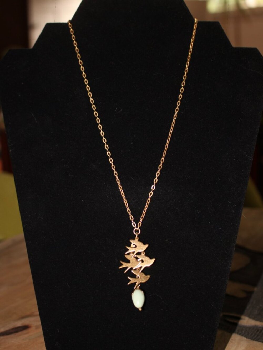 PILGRIM Danish Design Gold Bird Necklace Green Stone Stamped Handmade